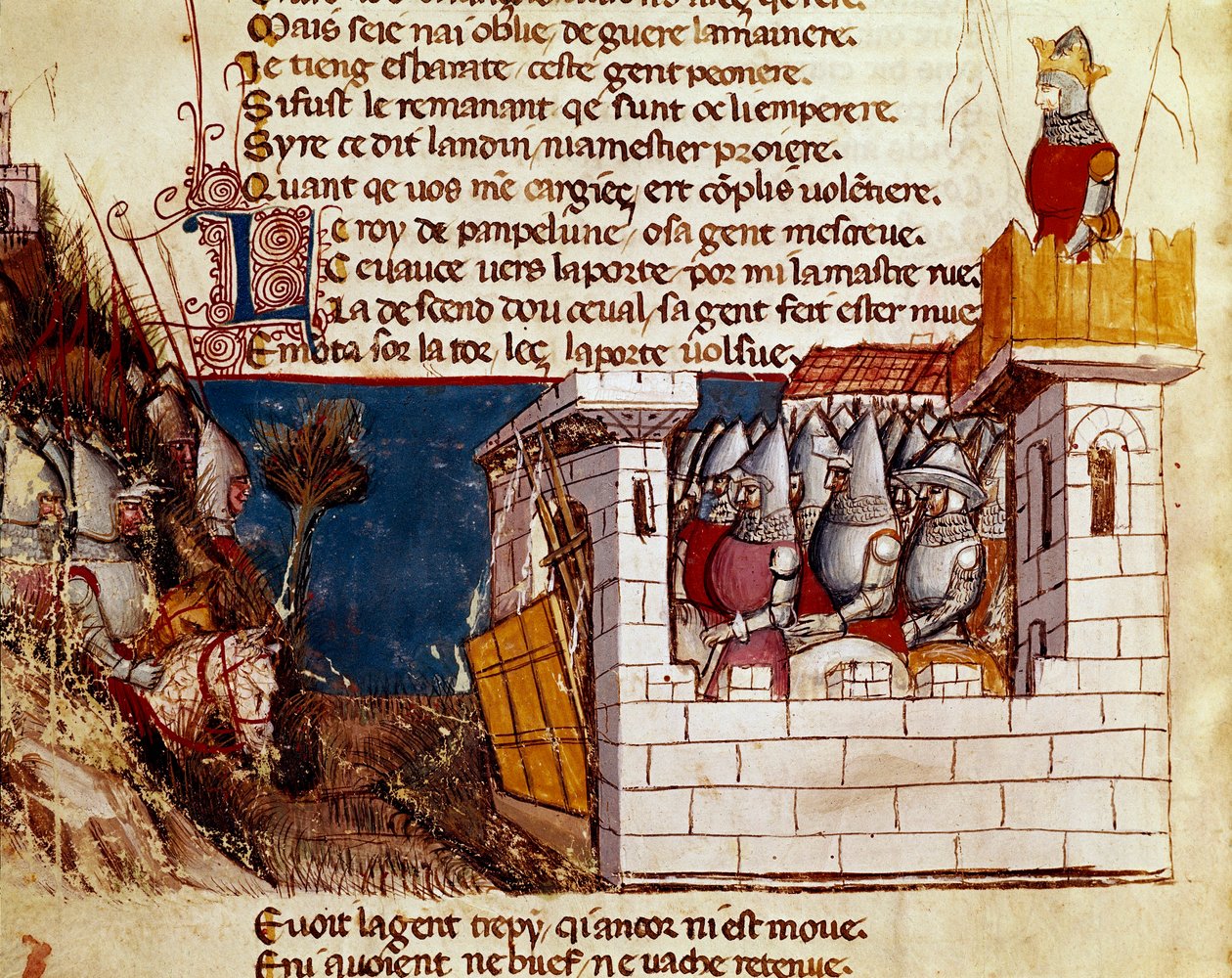 Um exército (do rei de Pamplona?) se refugia em um castelo e sobe a ponte de levis miniatura da "Entrada da Espanha". Veneza do século XIV, Biblioteca Marciana. de Unknown artist