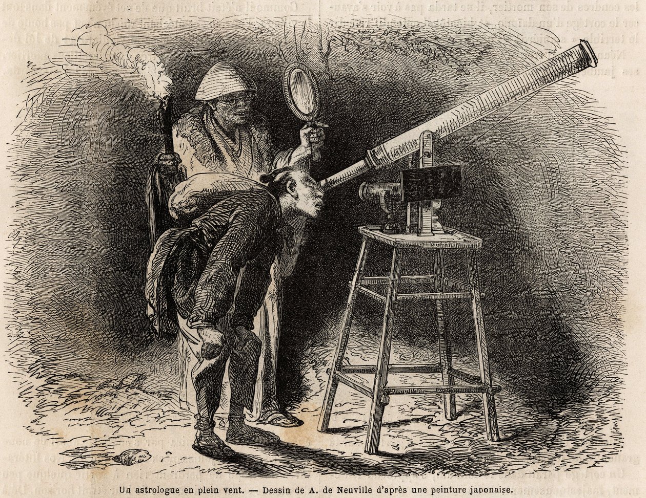 Um astrólogo procura no céu ao ar livre usando o seu telescópio. Gravura para ilustrar a viagem ao Japão, em 1863-1864, de Aime Humbert, ministro da Confederação Suíça, no "Le tour du monde, nouveau journal des voyages" publicado sob o dir de Unknown artist