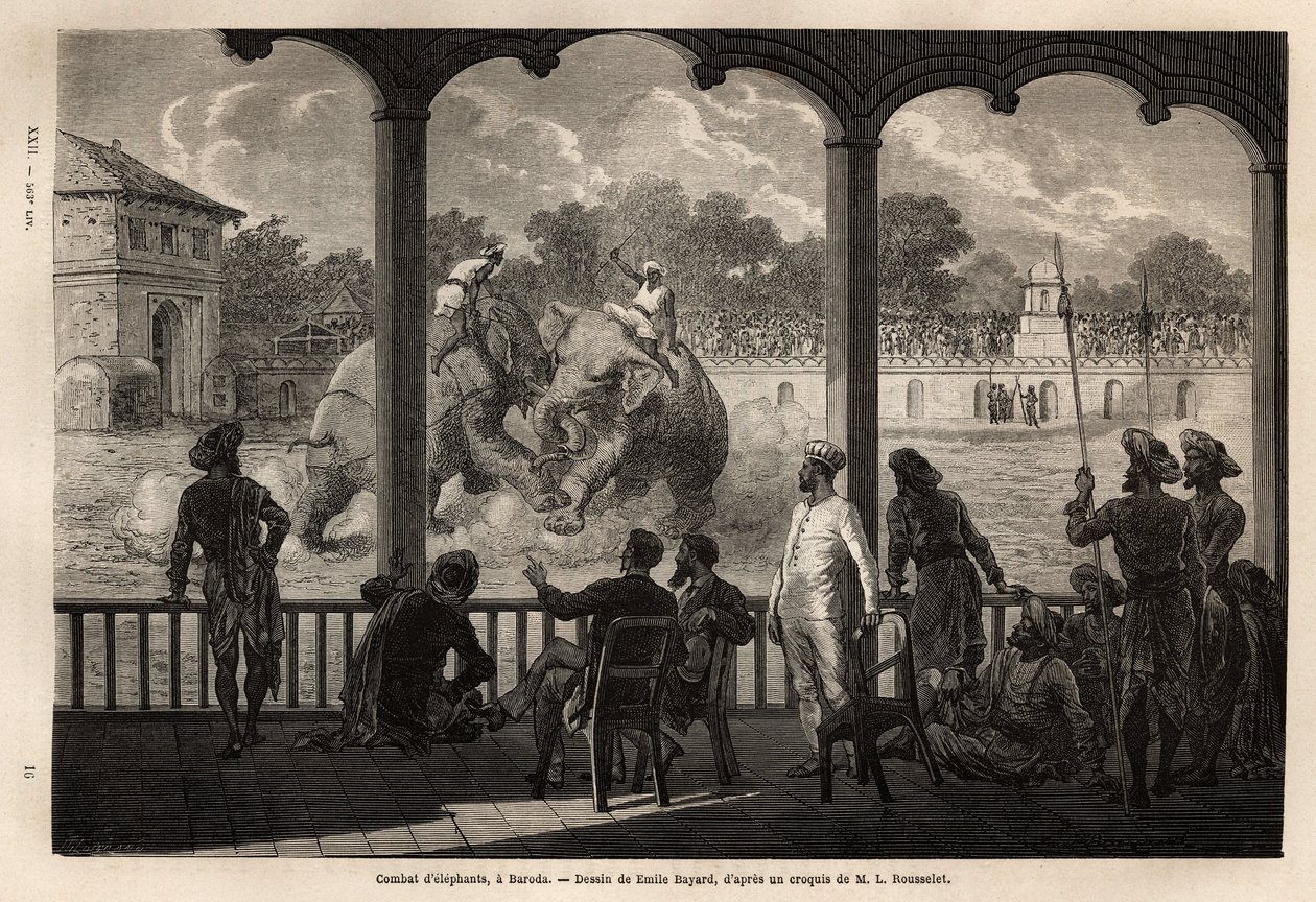 Uma luta de elefantes, em Baroda (ou Vadodara), no estado de Gujarat, na costa nordeste da Índia. Gravura para ilustrar a viagem na Índia dos Rajahs, de Louis Rousselet, em 1864-1868, publicada em "Le tour du monde" 1870-1871, editada por Edouard Charto de Unknown artist