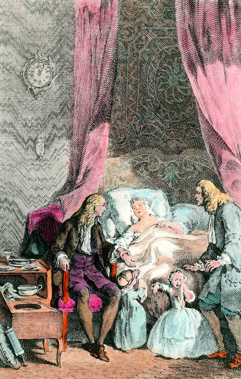 Um médico observador Uma mulher doente ou já morta está rodeada pela sua família e pelo médico. As crianças estão em lágrimas. Gravadas por volta de 1780. Paris, Academia de Medicina de Unknown artist