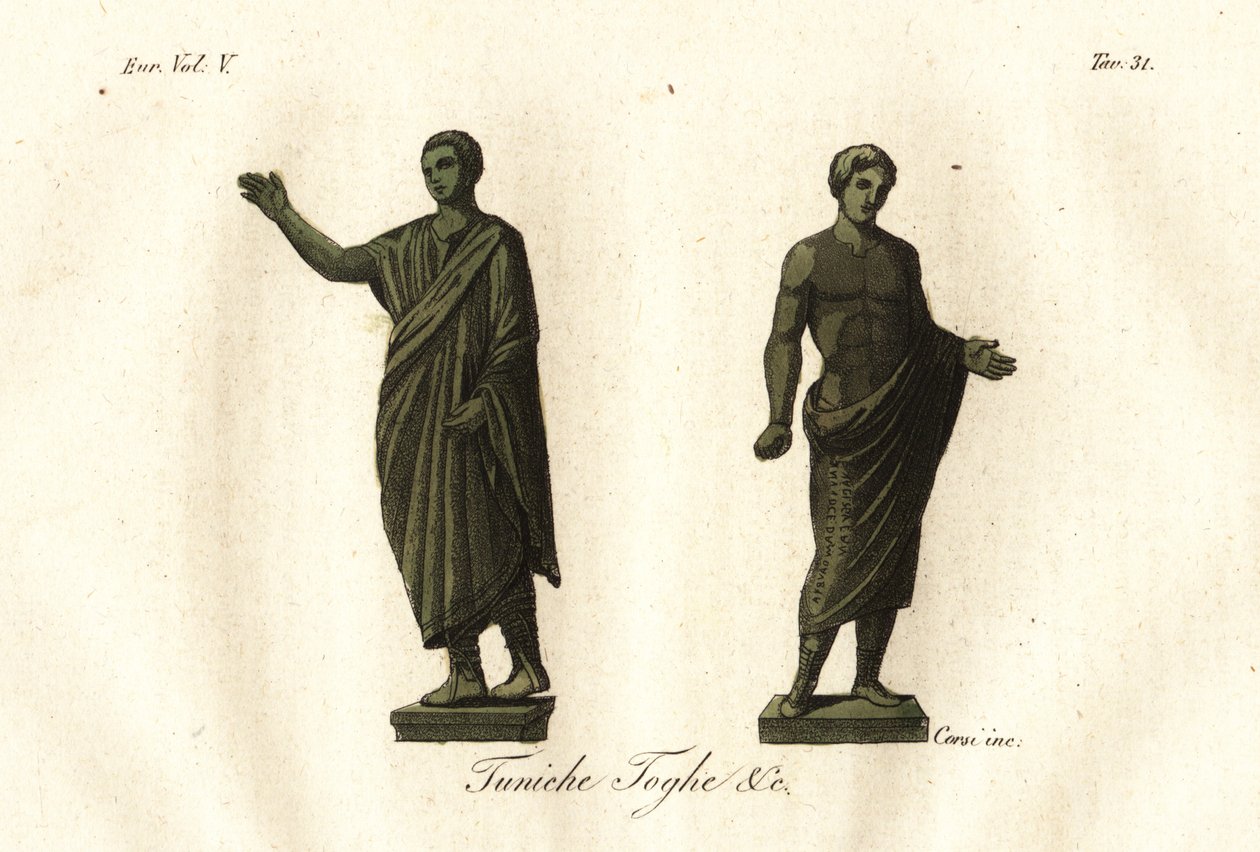 Antigas estátuas etruscas mostrando homens usando a toga, túnica, calzari (sapatos), etc. de Unknown artist