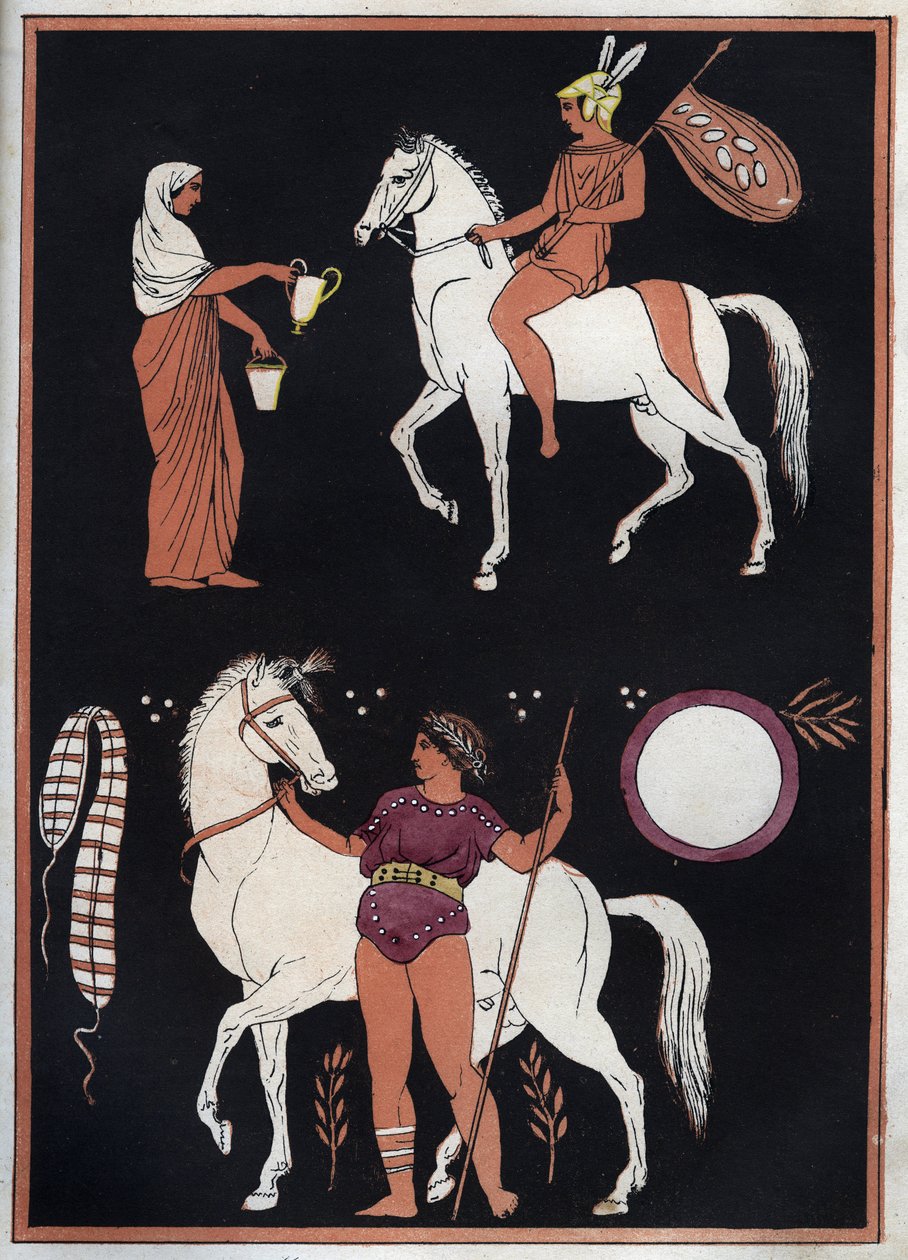 Grécia Antiga - Maneira de montar um cavalo - gravura de "Usos e costumes de Todos os Povos do Universo". Ou História do governo, leis, milícias, religião de todas as nações desde os tempos mais remotos até aos dias de hoje" 1856 de Unknown artist