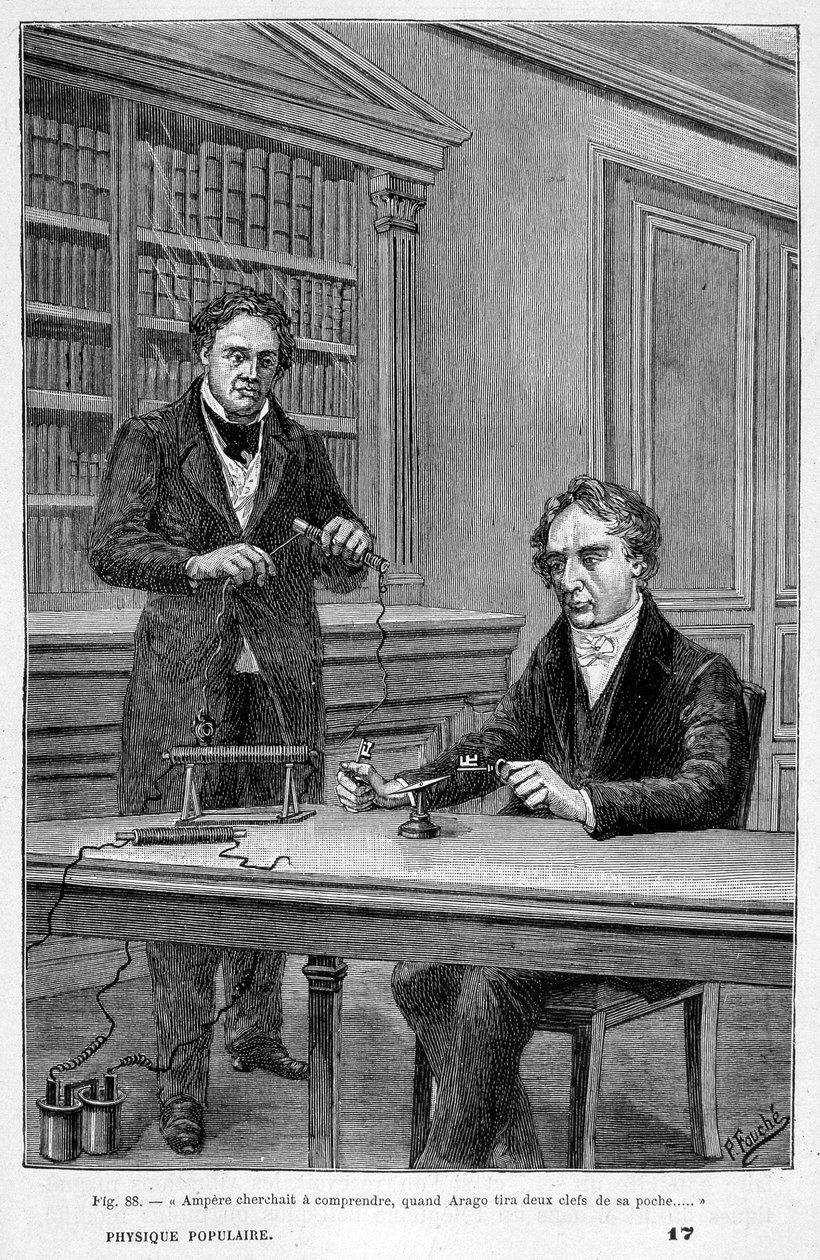 André Marie Ampère procurou entender quando François Arago tirou duas chaves do seu bolso - em "Physique populaire" de Emile Desbeaux de Unknown artist