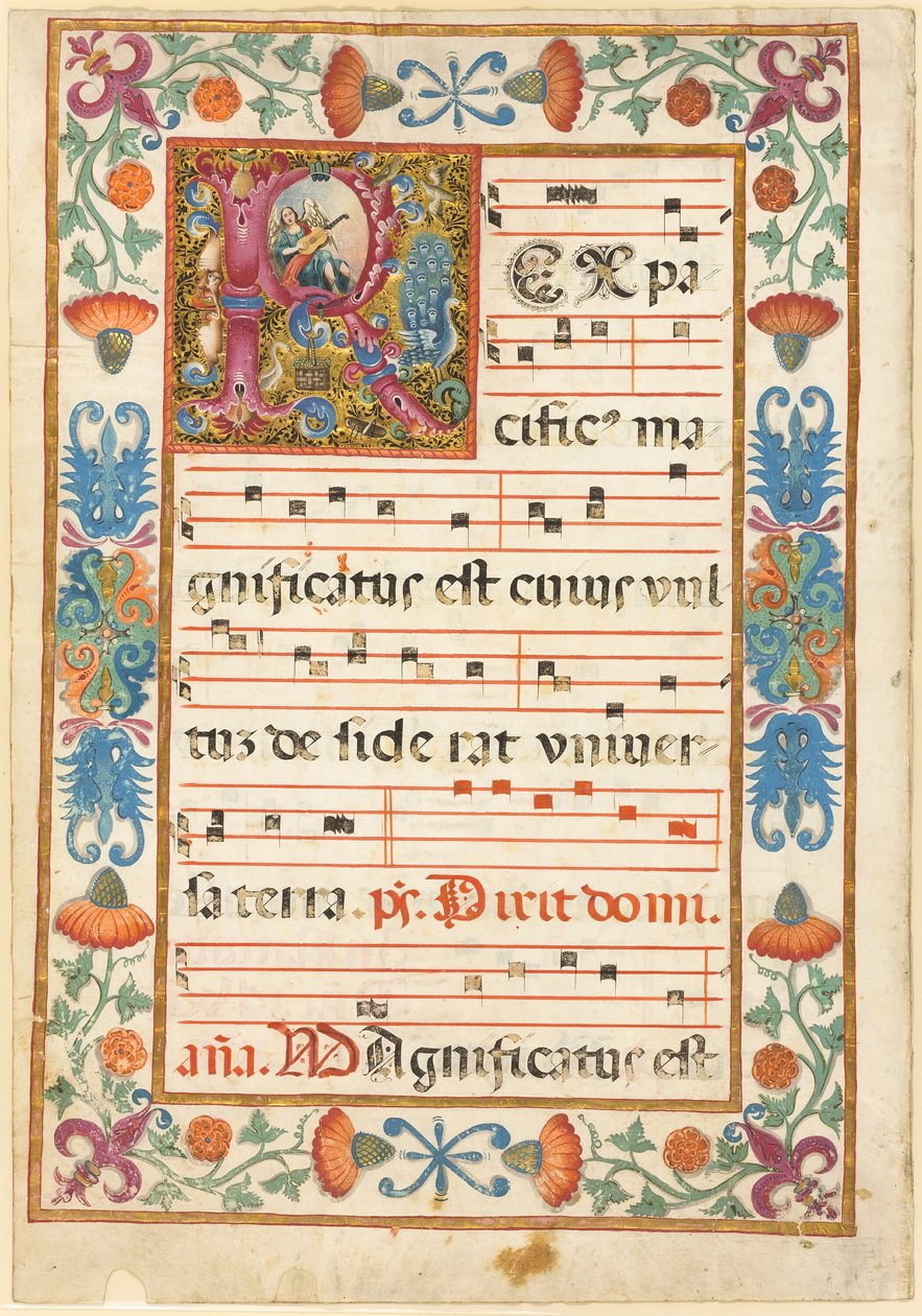 Anjo tocando um instrumento numa inicial "R" decorada com flora, fauna e grotesco, de uma antífona de Unknown artist