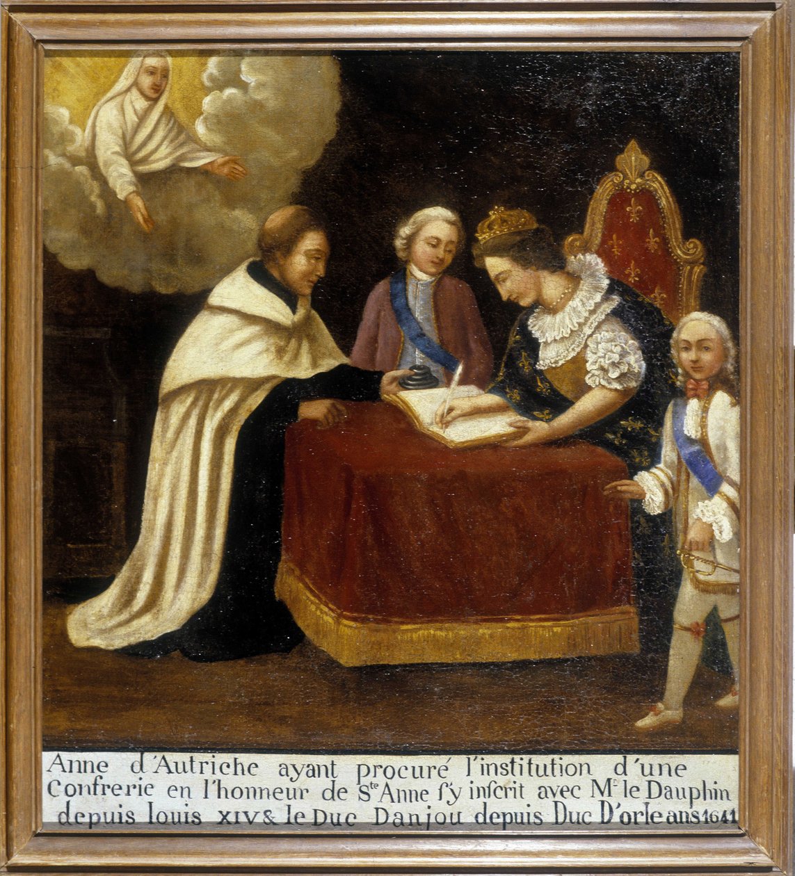 Ana da Áustria, tendo providenciado a instituição de uma irmandade ou a honra de Santa Ana, juntou-se a ela com o golfinho e o Duque de Anjou (agora Luís XIV e Duque de Orleães, dit Monsieur) de Unknown artist
