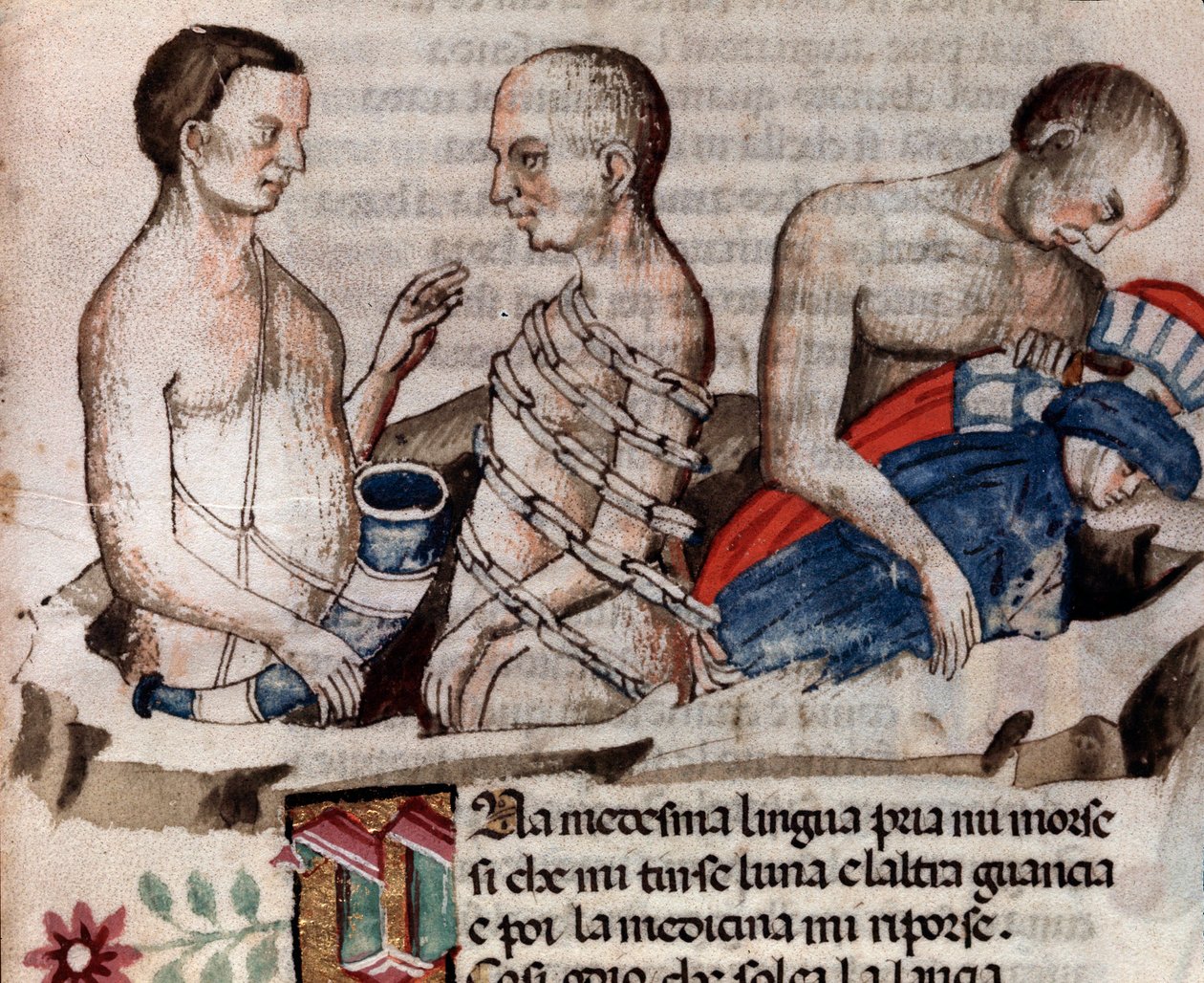 Antaeus o gigante baixa Dante e Virgílio no chão congelado do círculo da Traição (canção 31 do Inferno, na Divina Comédia) - miniatura do século XV de Unknown artist