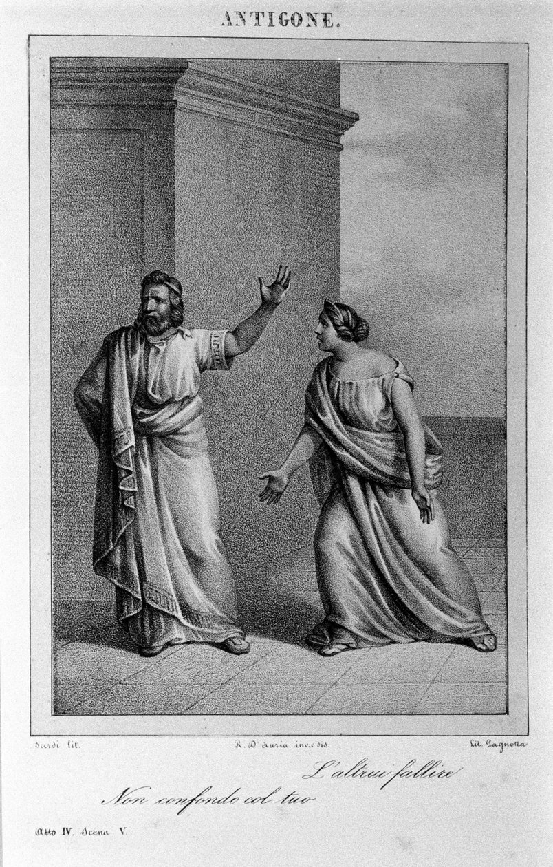 Antigone Acto 4, cena 5. Tragédia italiana de Vittorio Alfieri escrita em 1783, depois da mitologia grega. Gravura do século XVIII. de Unknown artist