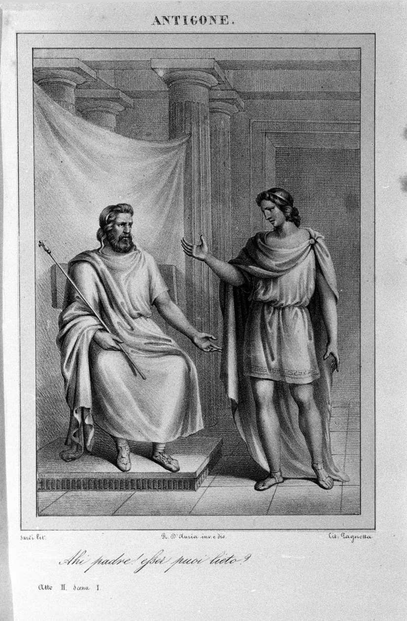 Antigone Act II, cena 1. Tragédia italiana de Vittorio Alfieri escrita em 1783, depois da mitologia grega. Gravura do século XVIII. de Unknown artist