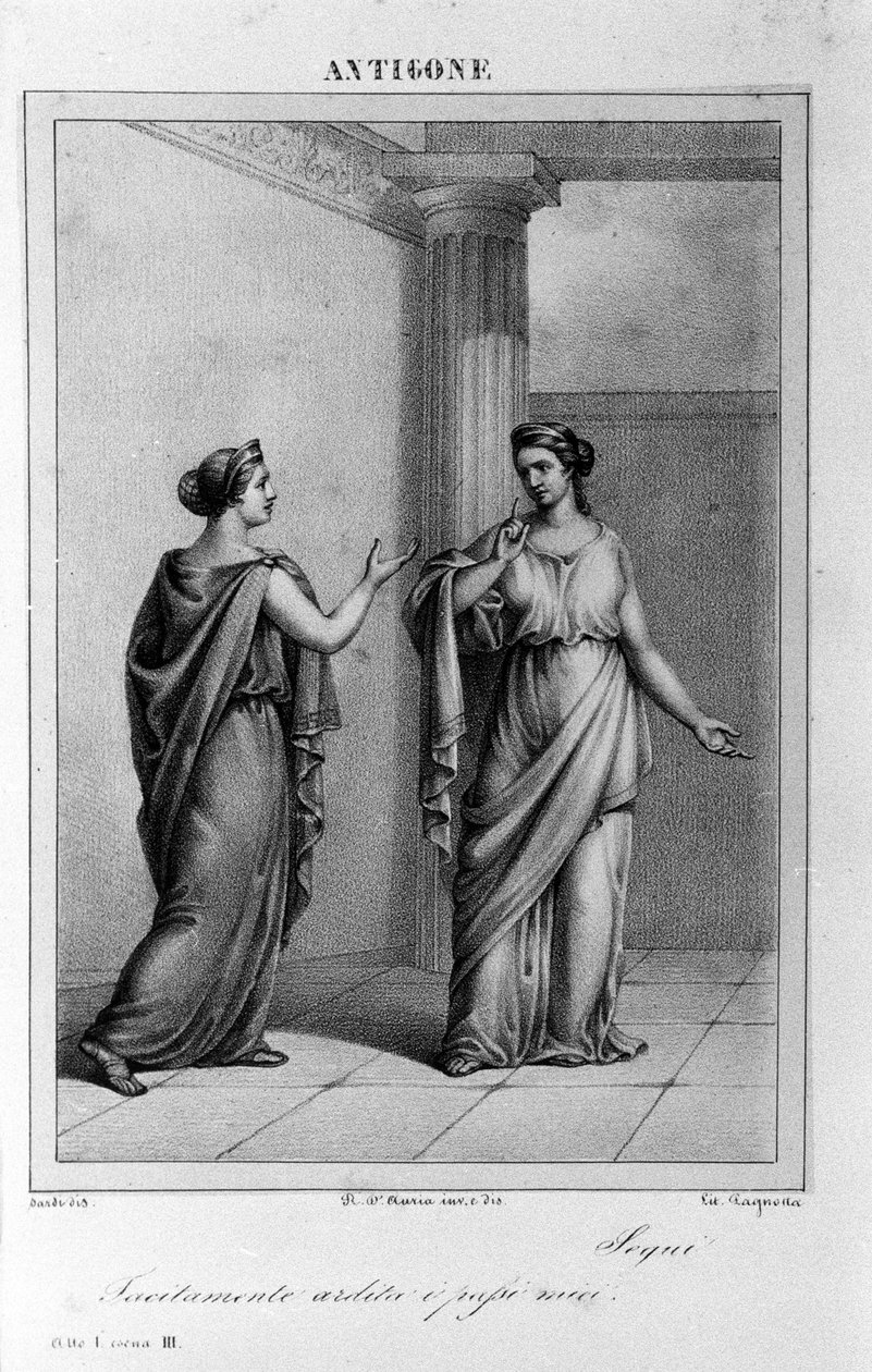 Antigone Act I, cena 3. Tragédia italiana de Vittorio Alfieri escrita em 1783, depois da mitologia grega. Gravura do século XVIII. de Unknown artist