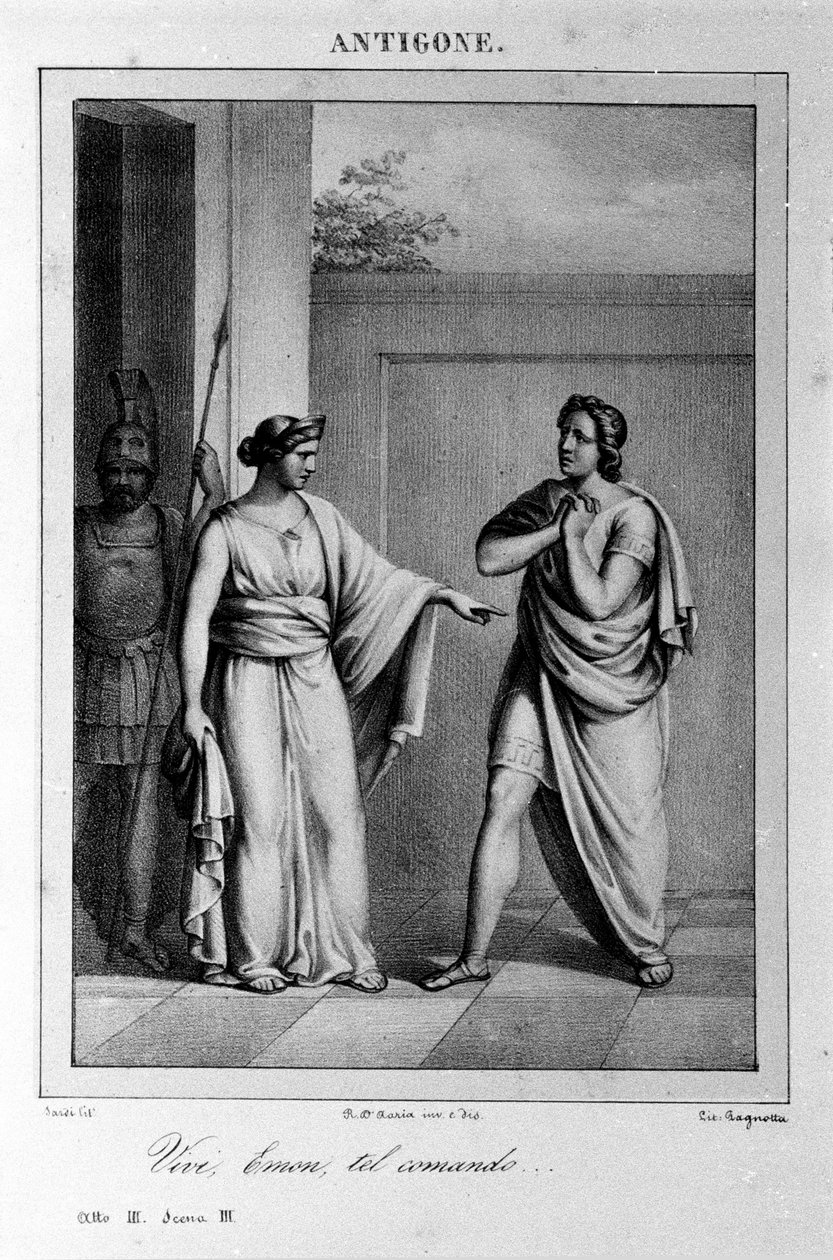 Antigone Act I, cena 3. Tragédia italiana de Vittorio Alfieri escrita em 1783, depois da mitologia grega. Gravura do século XVIII. de Unknown artist