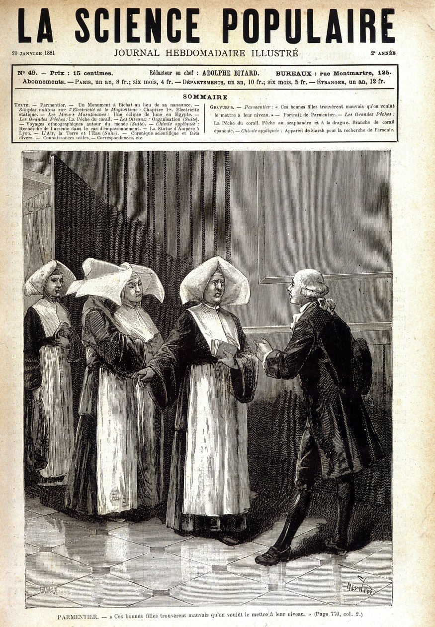 Antoine Augustin Parmentier (1737 - 1813), farmacêutico conhecido por espalhar o cultivo da batata na França, falando às freiras. in "La science populaire" 20/01/1881. de Unknown artist
