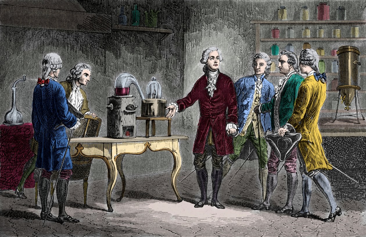 Antoine Laurent Lavoisier (1743-1894) executa a decomposição do ar em 1776 - Antoine Laurent Lavoisier químico inglês, mostrando aos colegas cientistas a sua experiência que revelou a composição do ar em 1776 - Gravura de Louis Figuier de Unknown artist