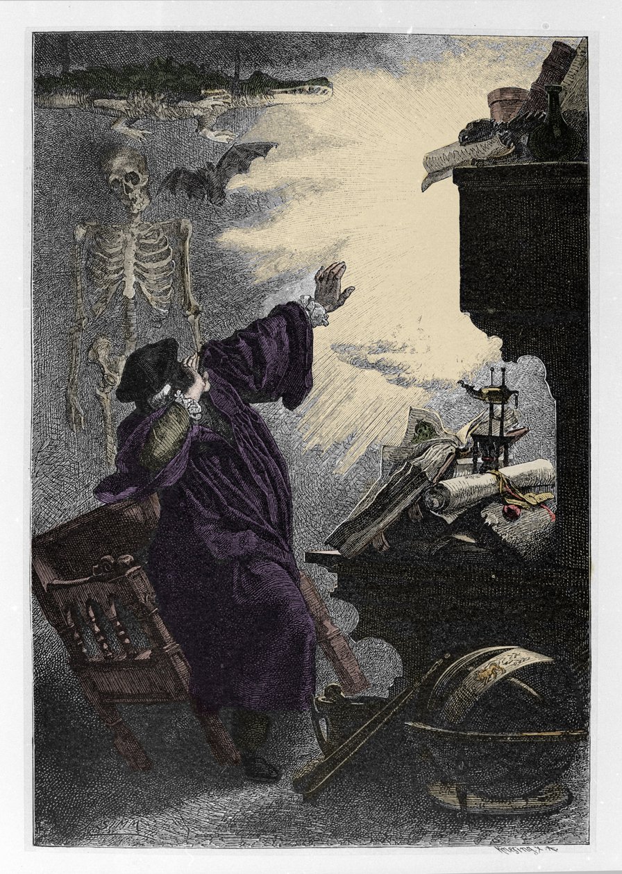 Apparition de Mephistopheles (Mephisto) a Faust Illustration de "Faust" de Johann Wolfgang von Goethe (1749-1832) (Ilustração para "faust" de Goethe) Gravura de Unknown artist