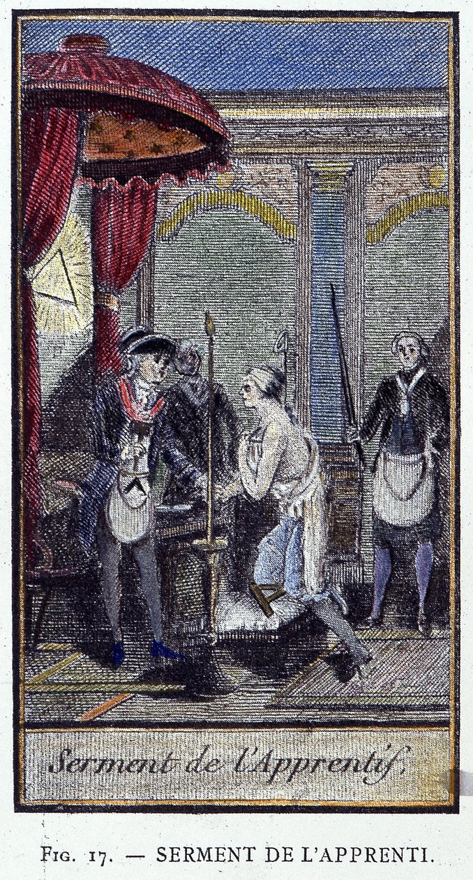 Juramento de Aprendiz - de uma gravura da "Maçonaria Adonhiramita" por um cavaleiro de todas as ordens maçônicas de Unknown artist