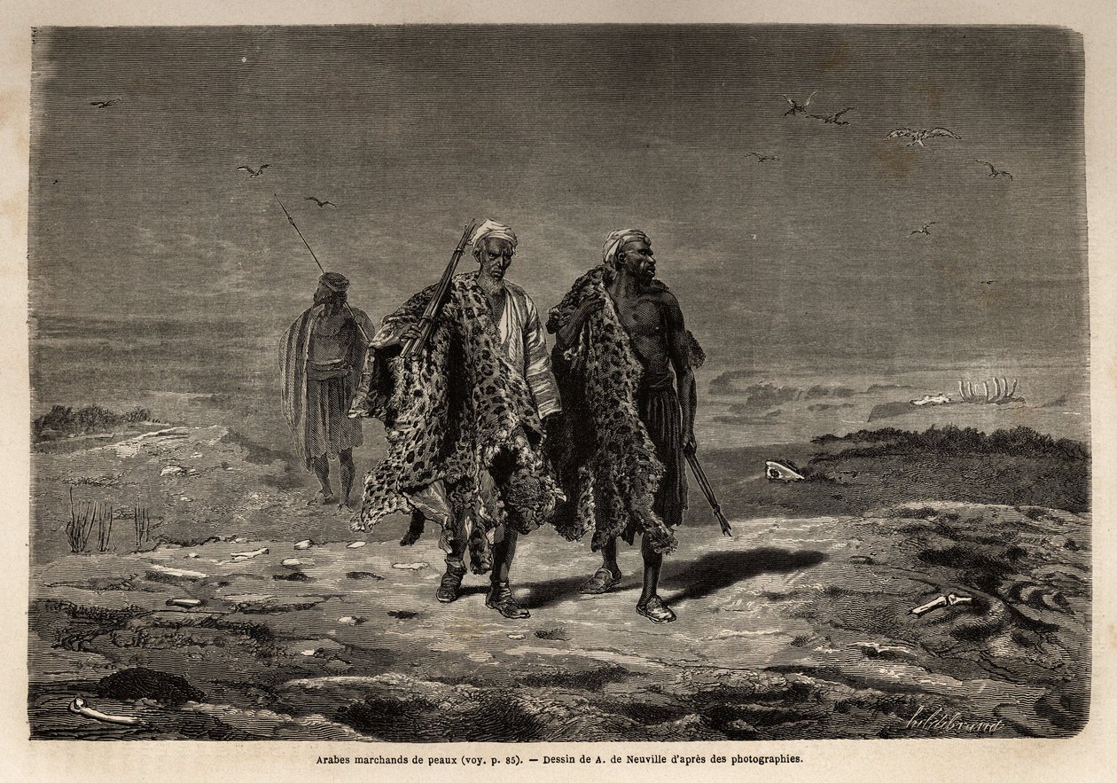 beduínos árabes, panthere skins e comerciantes de lã de ovelha, a caminho da marcha de Bagdad (Iraque). Engravure pour illustrrer le voyage dans la Babylon, en 1866, de Guillaume Lejean, em "Le tour du monde, nouveau journal des voyages" publicado sob o tí de Unknown artist