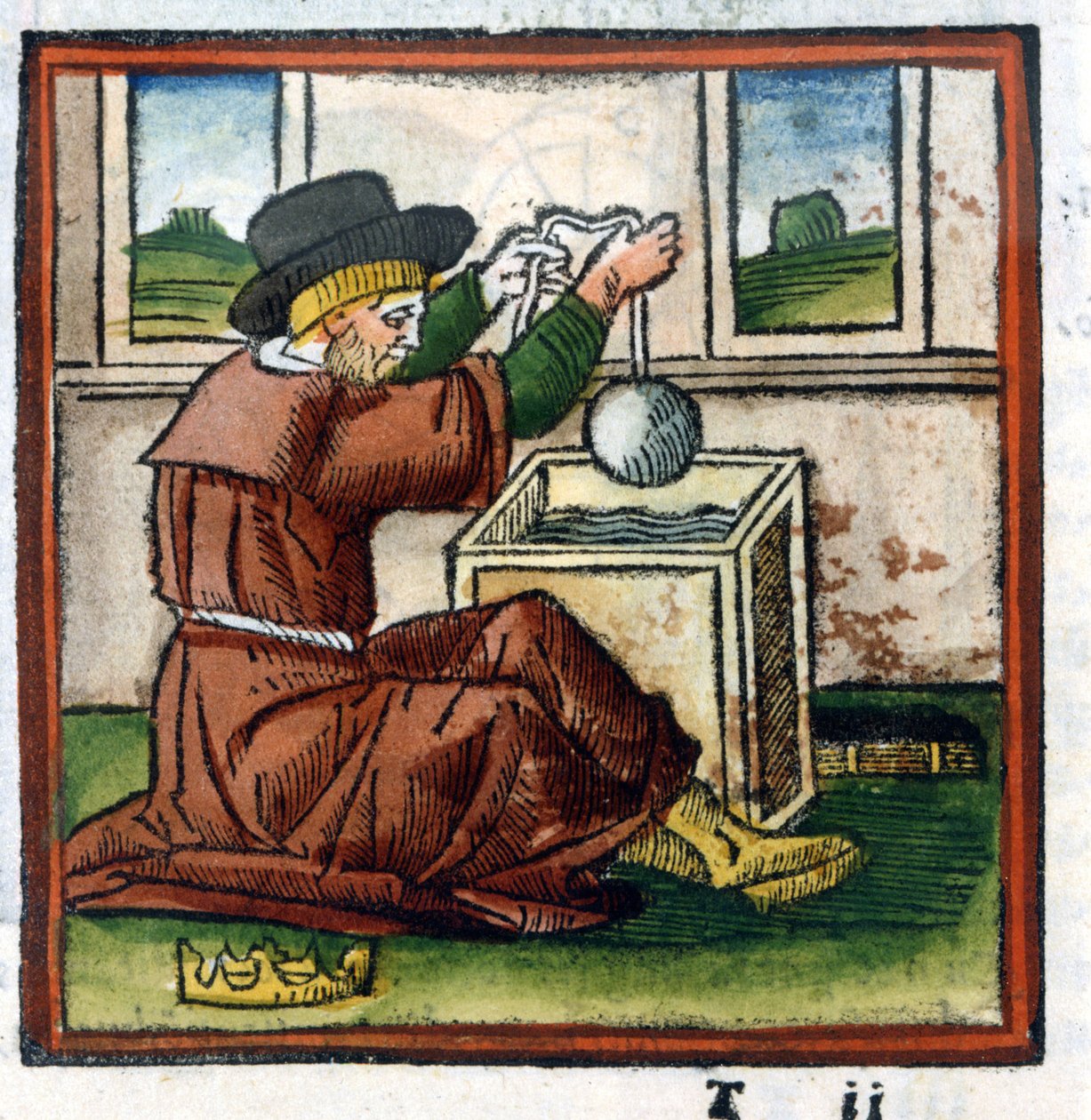 Arquimedes determina o peso da coroa de Hieron por imersão em água (experiência de empurrar) - gravura de Unknown artist