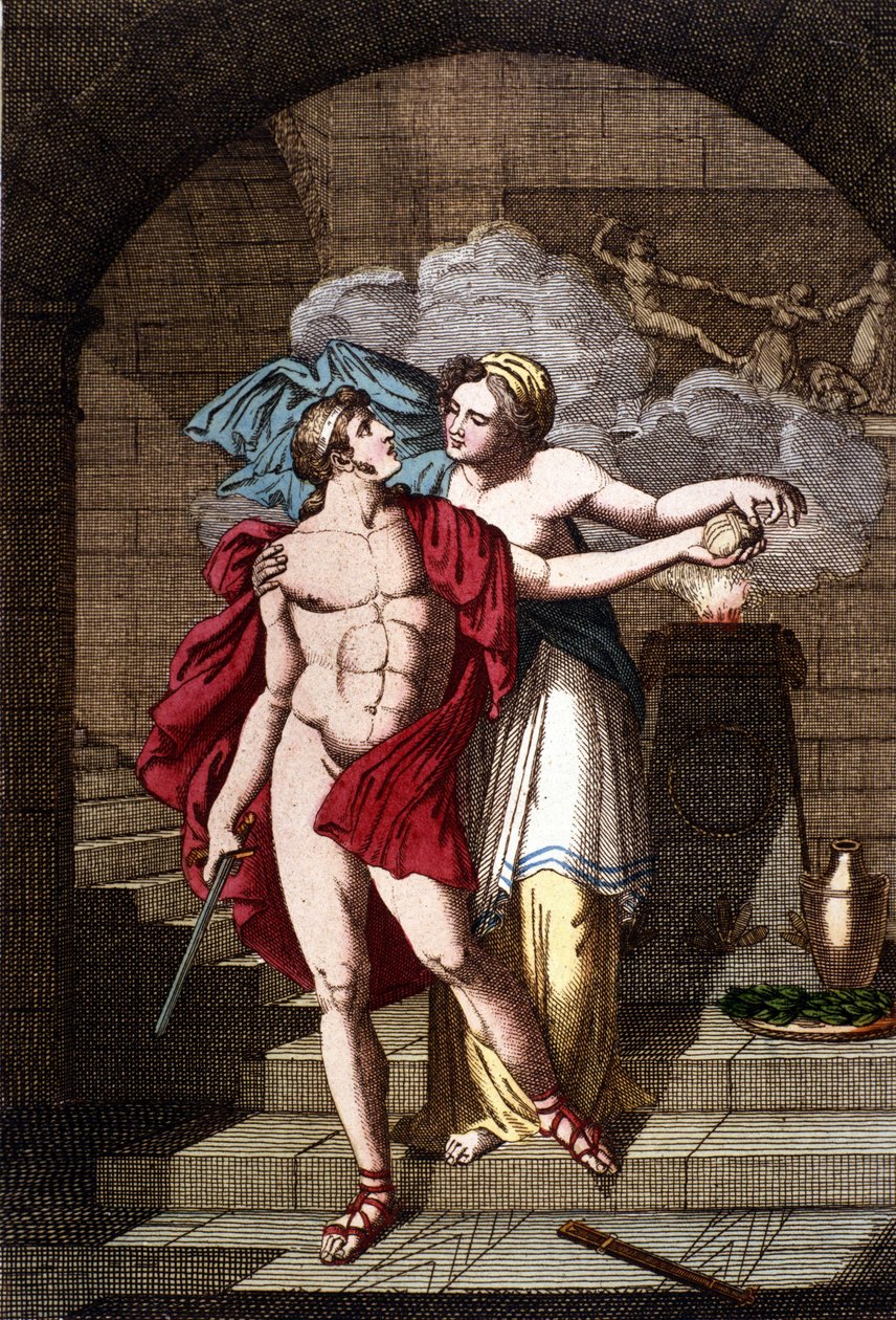 Arianne dá a Theseus o fio para que ele possa sair do labirinto - em Dizionario mitologico de Unknown artist