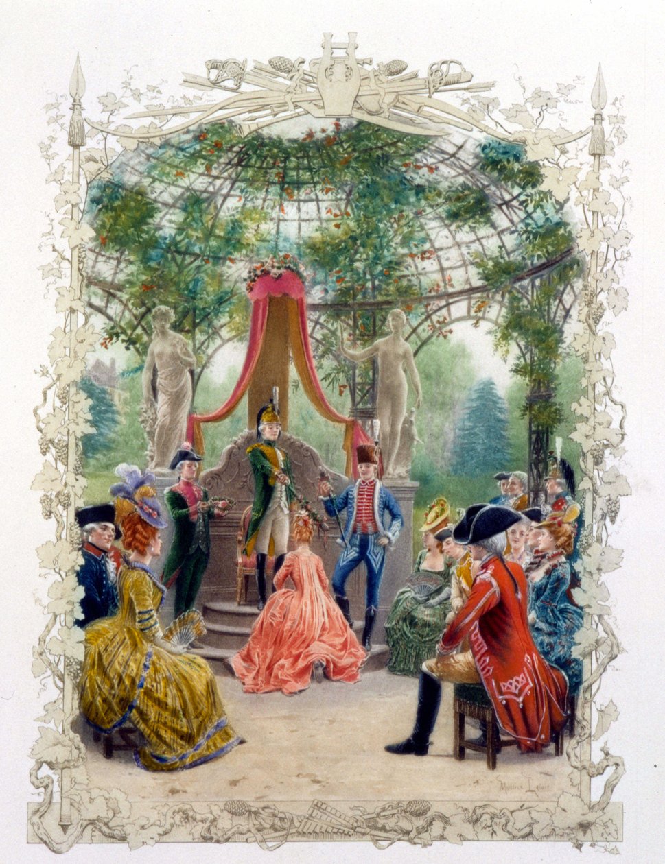 Cerimônia aristocrática num jardim (o castelo de Versalhes?) em "Uma mulher de qualidade no século passado" 1778 de Unknown artist