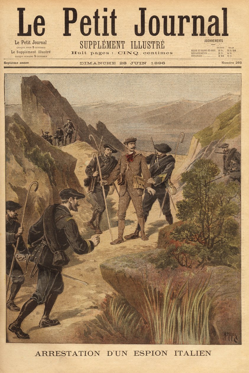 Prisão de um espião italiano, Capitão Vittorio Ravelli, pelo 23º Batalhão de Caçadores Alpinos, ao norte do departamento dos Alpes Marítimos. Gravação no "Le petit journal" 28/06/1896. A colecção da Selva. de Unknown artist