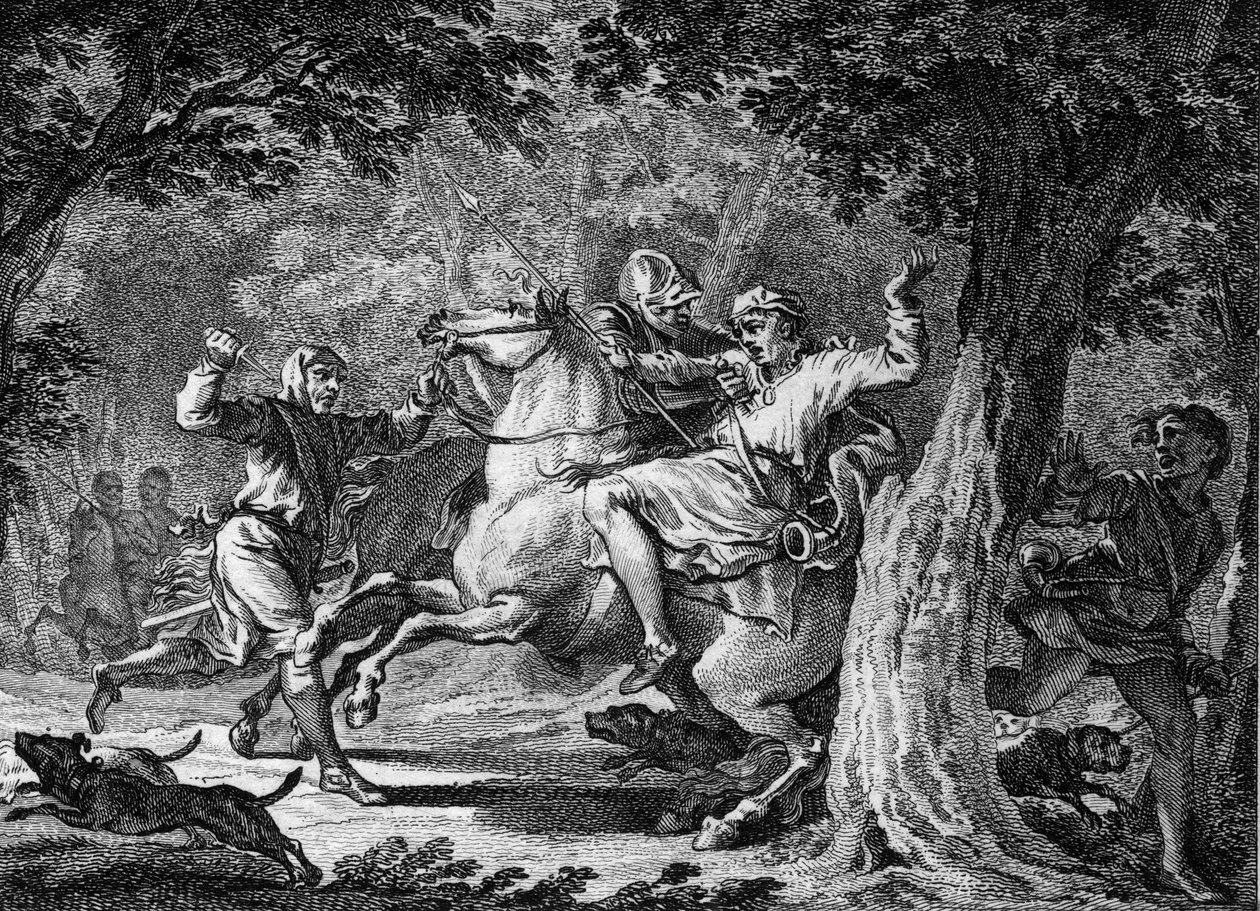Assassinato de Childeric II, 675: o rei dos Francos (cerca de 653-675) foi morto na floresta de Lognes por Bodillon, um lorde que ele tinha chicoteado. Gravura do século XVIII. de Unknown artist