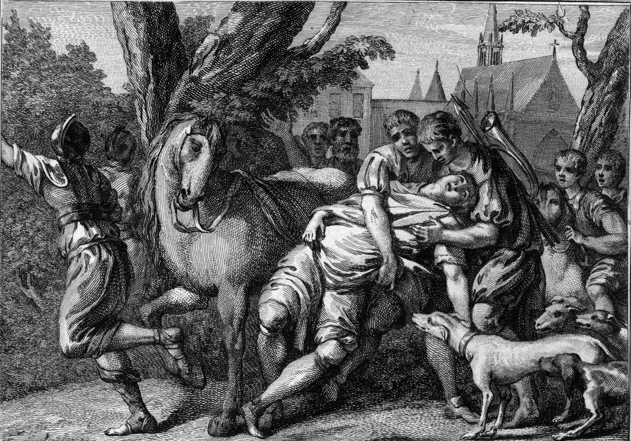 Assassinato de Chilperic I (539-584), Rei de Neustria, patrocinado por sua esposa, Rainha Fredegonde (ca. 545-597), 584. Gravura do século XVIII. de Unknown artist
