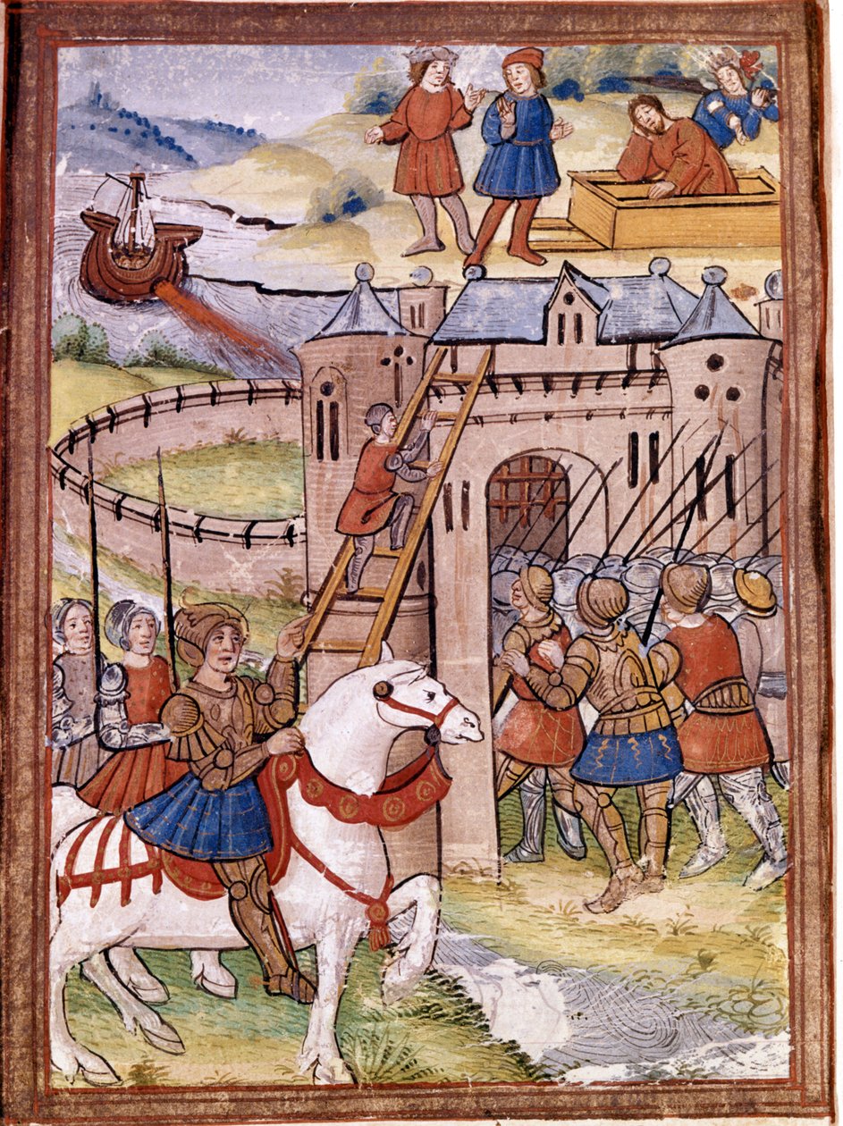 Ataque a um castelo. Episódio da Guerra dos 100 Anos. Manuscrito do século XVI. Biblioteca Victoria e Albert, Londres. de Unknown artist