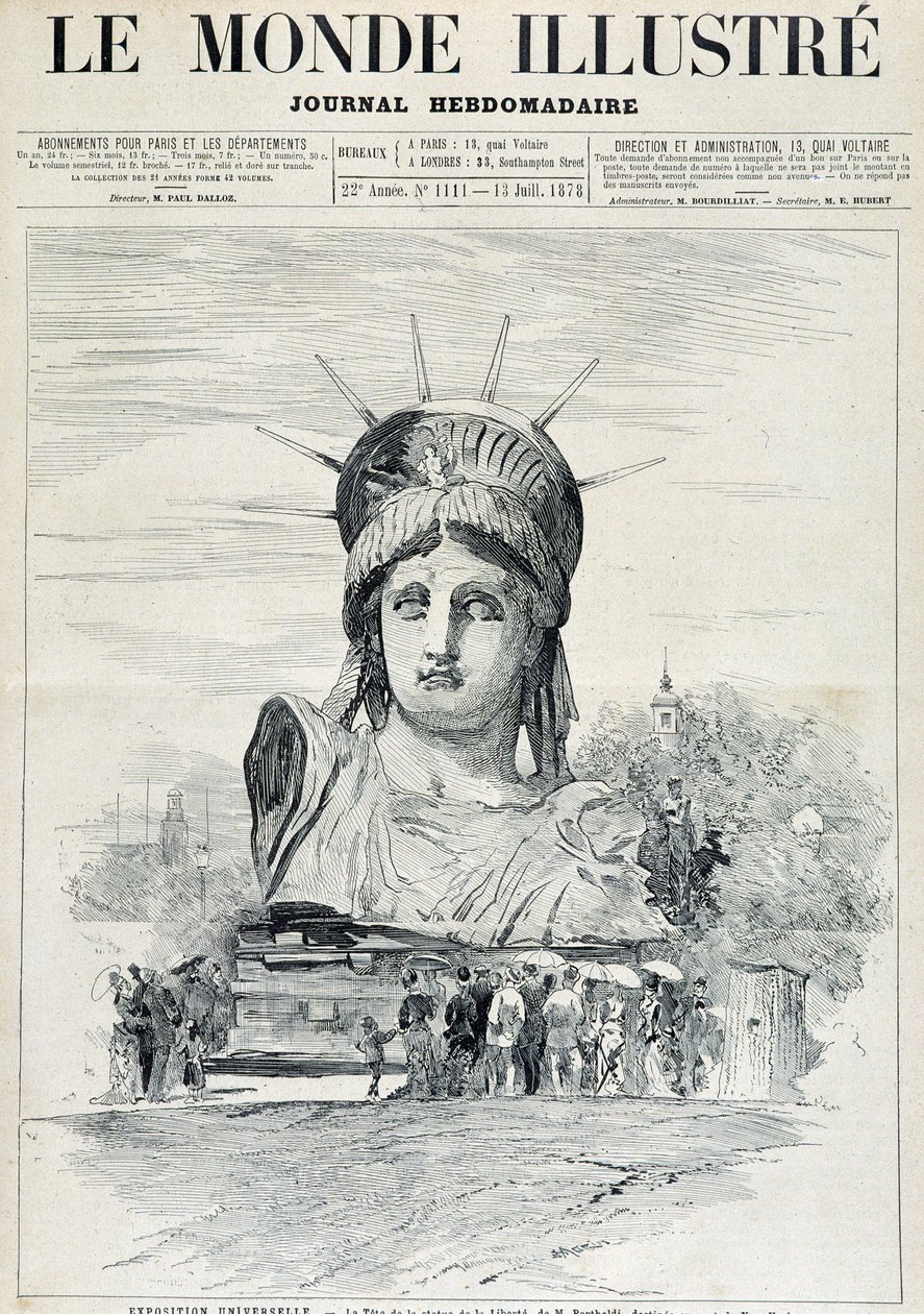 Na Exposição Mundial de 1878: a cabeça da Estátua da Liberdade do Sr. Bartholdi, destinada ao Porto de Nova Iorque - no "The Illustrated World" de 13/07/1878 de Unknown artist