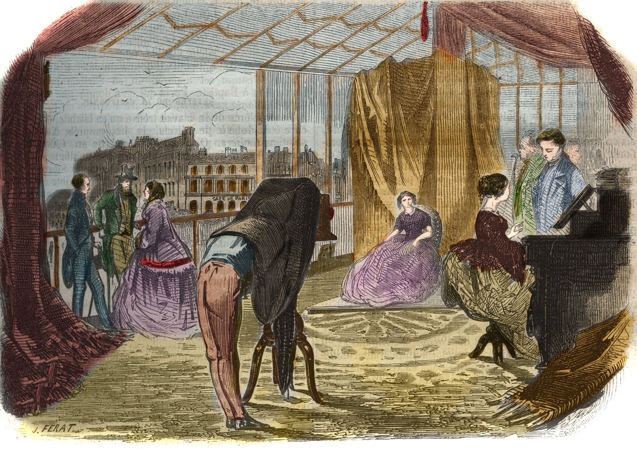Workshop do fotógrafo de Nadar Jeune (Alban Adrien (Alban-Adrien) Tournachon dit) (1825-1903), boulevard des Italians em Paris. Gravura de 1856. de Unknown artist