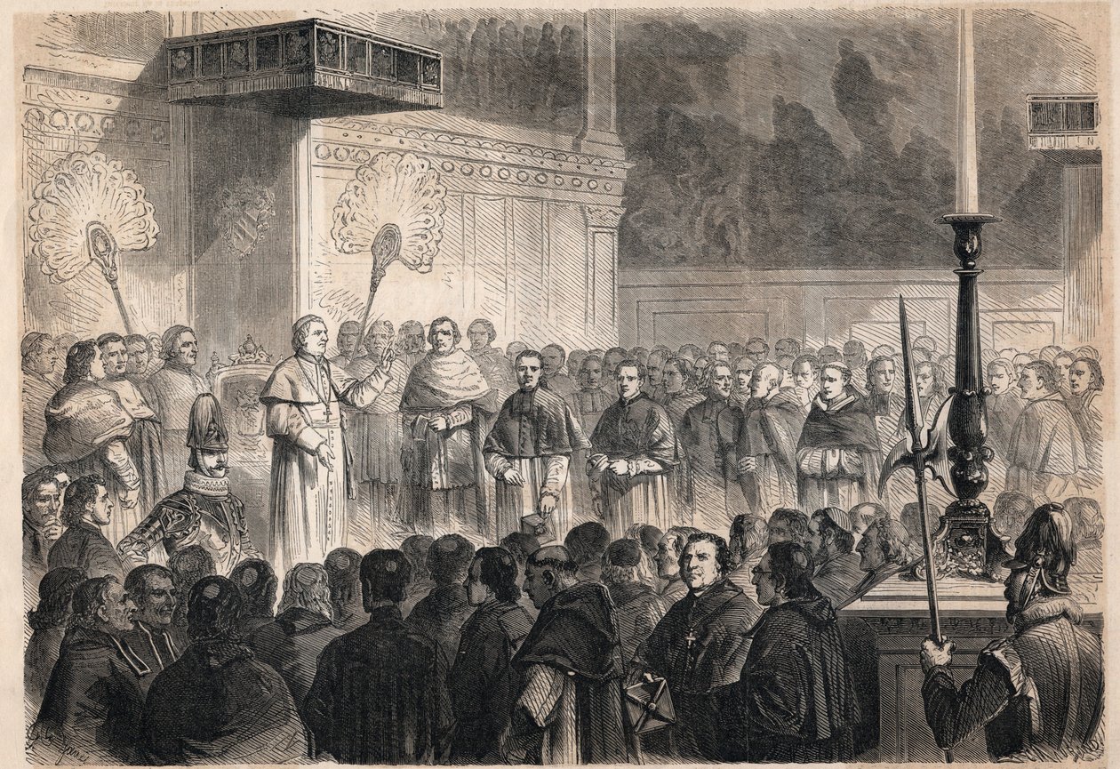 Audiência dada pelo Papa Pio IX (Pio) (1792-1878) aos eclesiásticos estrangeiros na Capela Sistina (cappella sistina) em Roma por ocasião das celebrações da canonização dos 26 "mártires do Japão", um grupo de católicos crucificados no Japão em 1597 de Unknown artist
