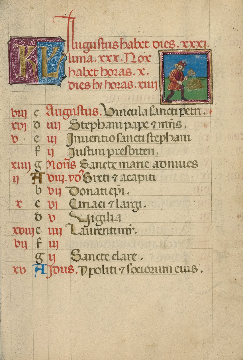 Página do calendário de agosto; Debulha de Unknown artist