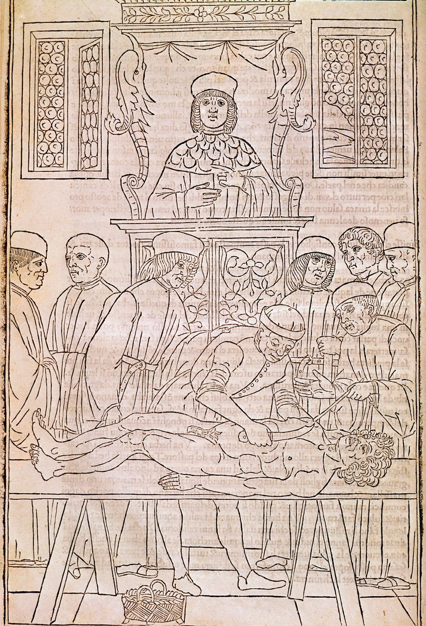 Autópsia. Códice. O corpo de um homem morto é dissecado por médicos para um estudo de anatomia. "Fascicula Medicinae". Códice do fascículo de um médico de Johannes Kethan. de Unknown artist