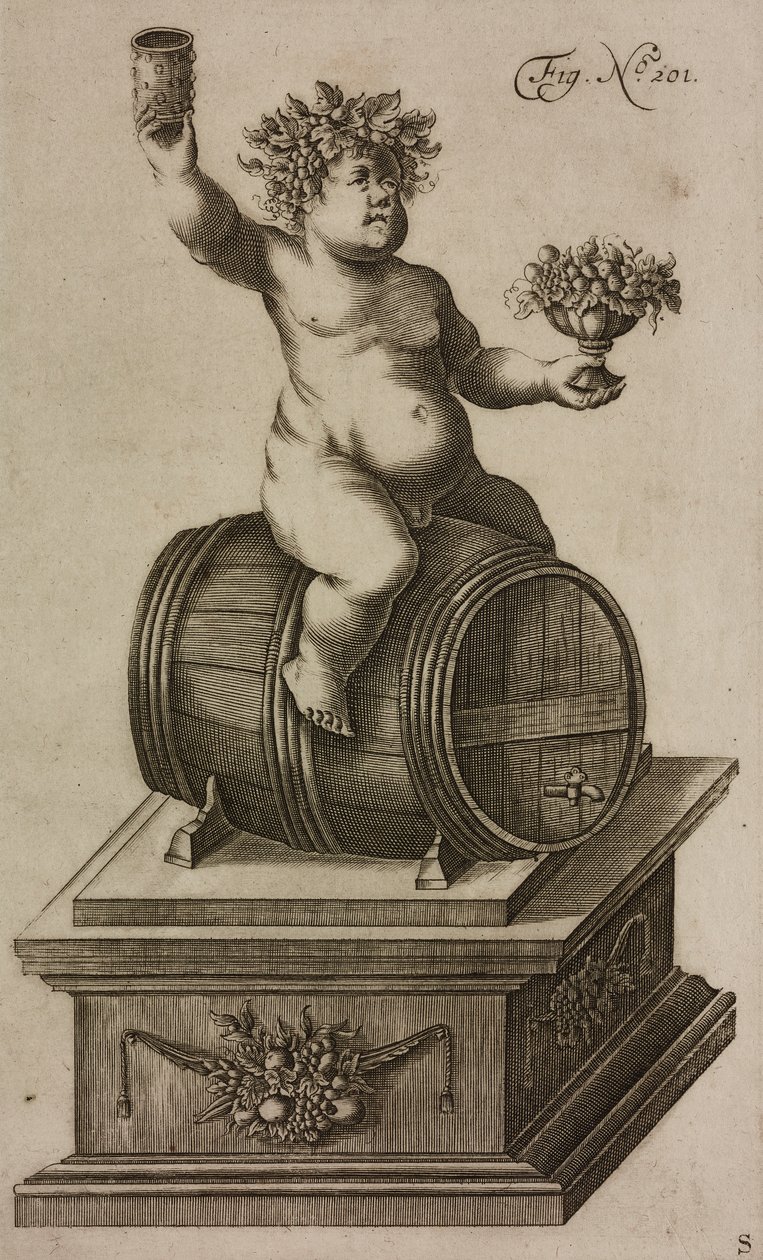 Baco no barril, manequim para lançar fogo de artifício, gravura de Grand Art d