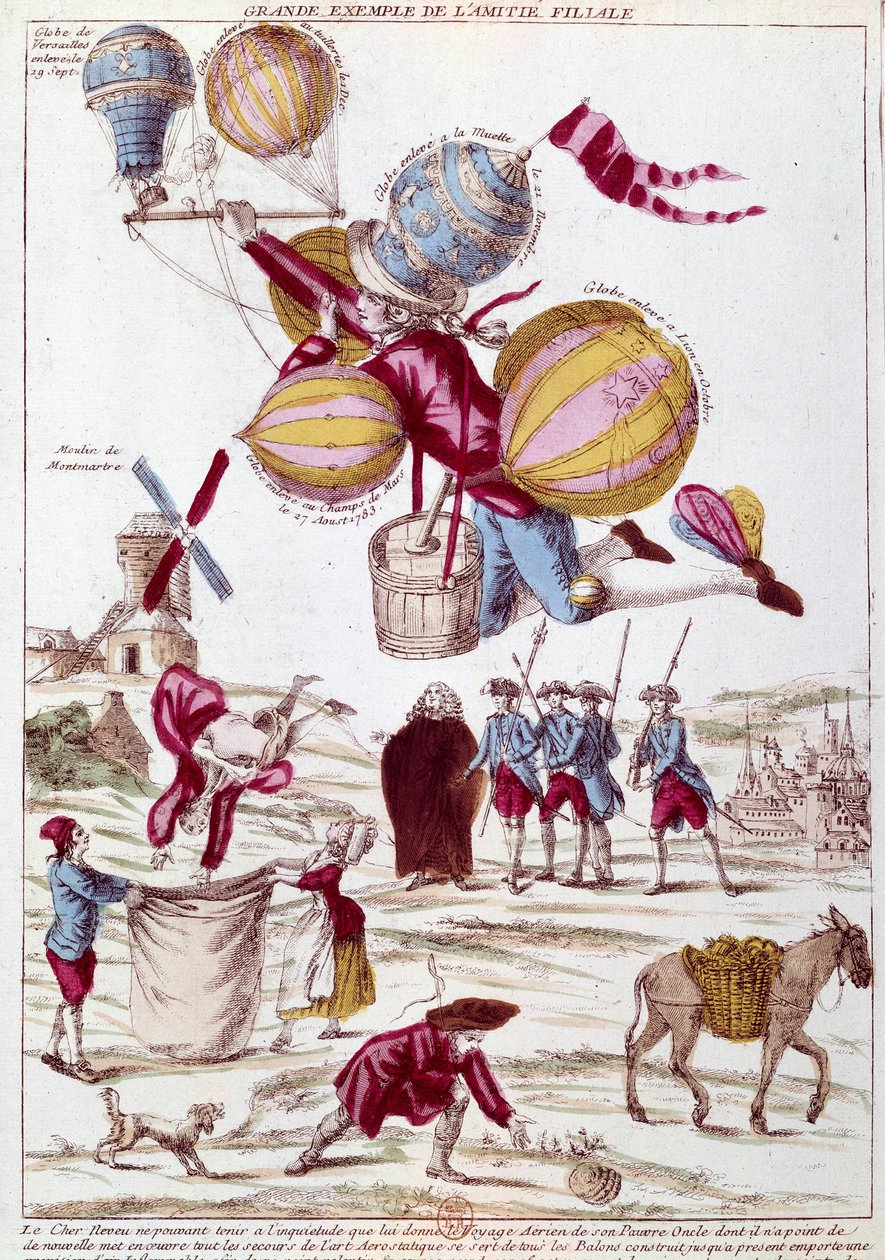 Voo de balão: um sobrinho, preocupado em não receber notícias do seu tio numa viagem de balão, faz todos os esforços para chegar até ele, e tira todos os balões construídos (Lyon, Champs de mars, La Muette, Versailles) para sobrevoar Paris. Gravura satíric de Unknown artist