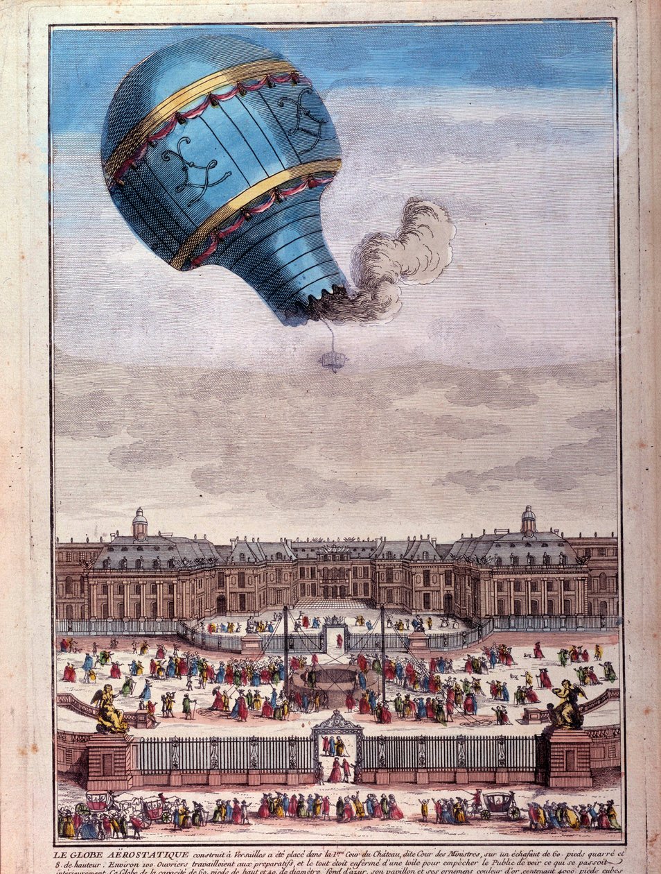 Vôo de balão: experiência dos irmãos Montgolfier em frente ao castelo de Versalhes, em setembro de 1783. Gravura do século XVIII. Paris, B.N. de Unknown artist