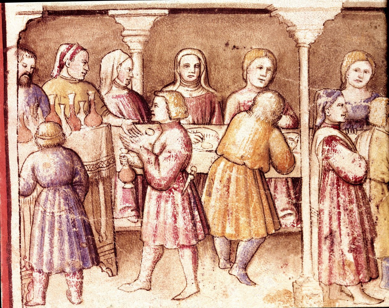Cena de banquete em uma rica mansão de Pádua Miniatura do códice 212 (ou códice padovano ou Bíblia de Pádua) 1390-1400 Rovigo, Accademia dei Concordi de Unknown artist