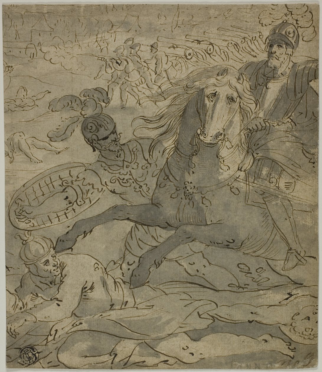 Cena de batalha com carregamento geral a cavalo em primeiro plano, artilharia e canhões em segundo plano de Unknown artist