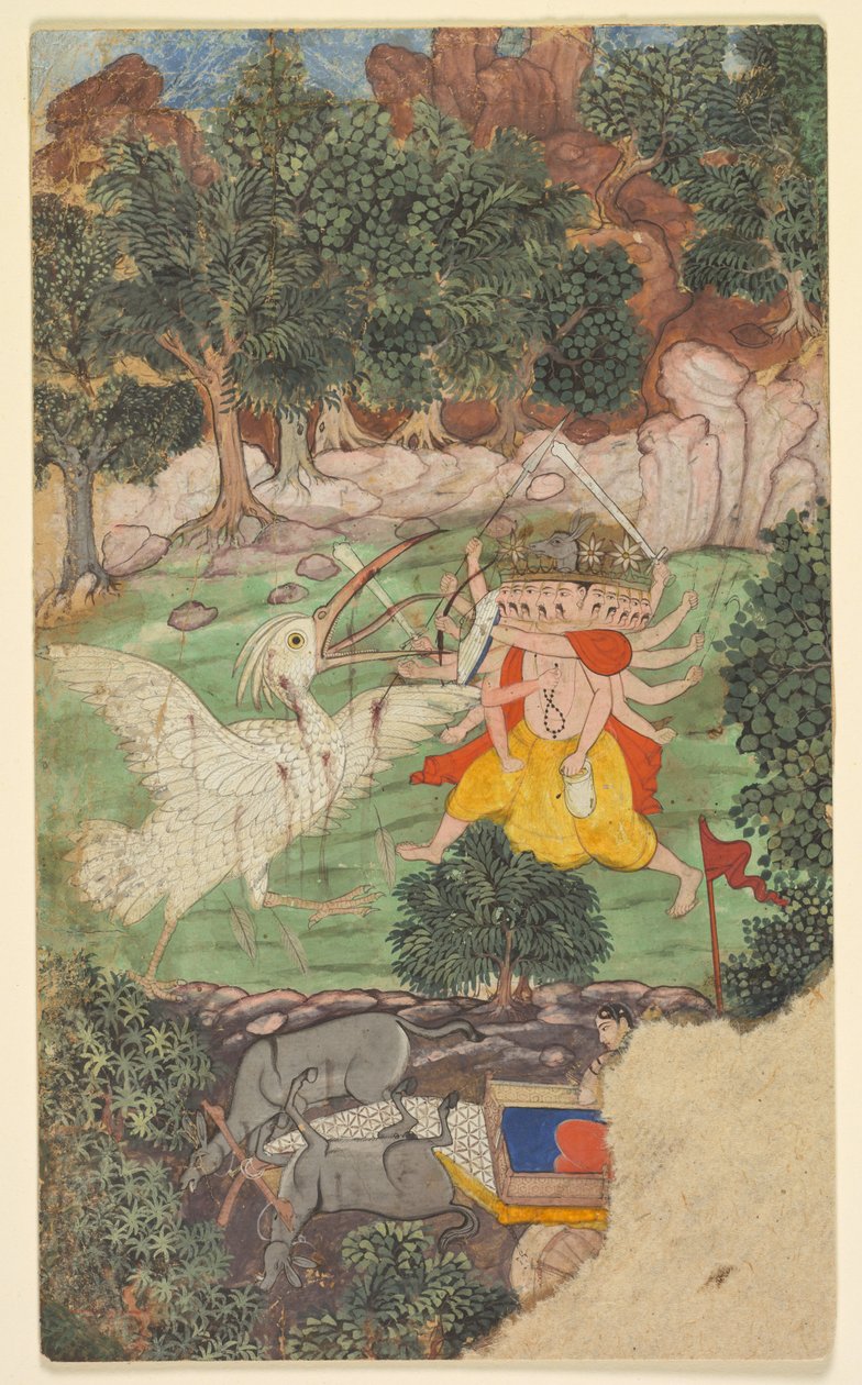 Batalha de Ravana e Jatayu, de sarga (capítulo) 49 do Aranya-kanda (Livro da Floresta) de um Ramayana (Jornada de Rama) de Valmiki (indiano, ativo c. meados dos anos 1000 aC) de Unknown artist