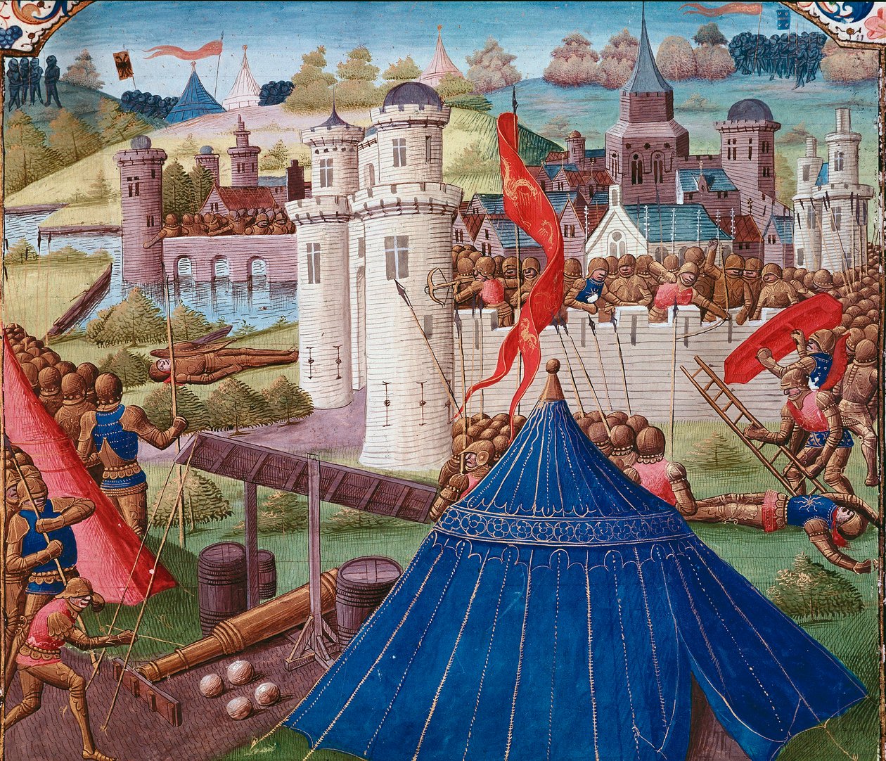Cena de batalha uma miniatura de Cartago da "História Romana" (Ad urbe condita) por Tite Live (59 BC-17 AD) (Titus Livius), traduzido por Pierre Bessuire 1450-1500 Chantilly, Musee Conde de Unknown artist