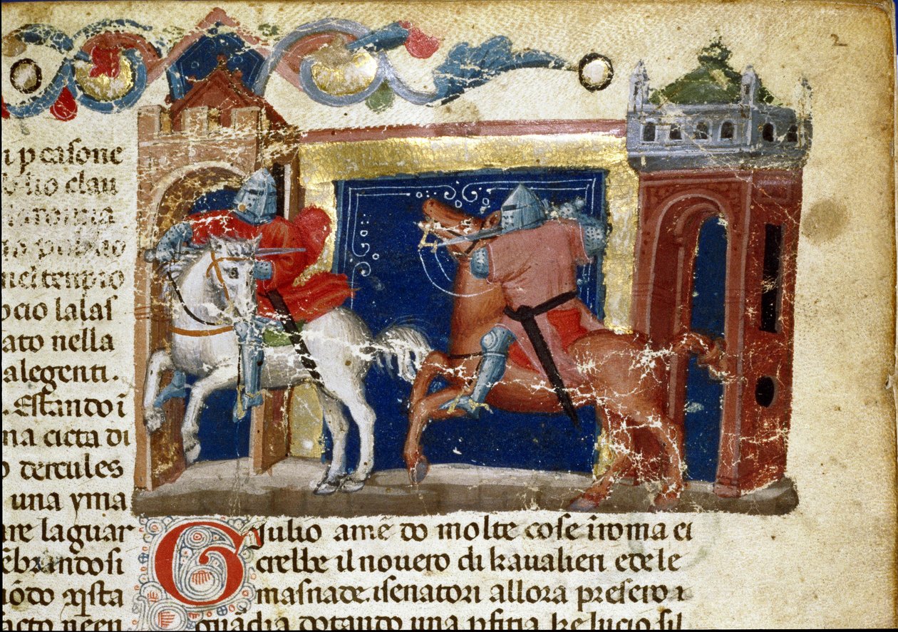 Cena de batalha, dois cavaleiros de armadura confrontando-se Detalhe de uma página manuscrita "Os Fatos dos Romanos" (Ms. 1538) cerca de 1340 Florence, Biblioteca Riccardiana de Unknown artist