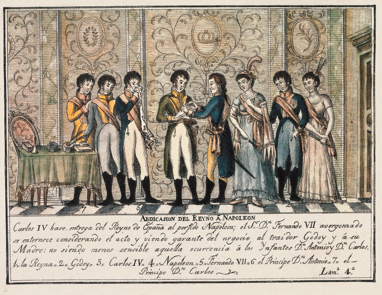 Entrevista de Bayonne em 1808, após a insurreição de Aranjuez, que viu a abdicação do rei Carlos IV de Espanha ceder o trono a Napoleão I antes de seu filho Fernando VII. de Unknown artist
