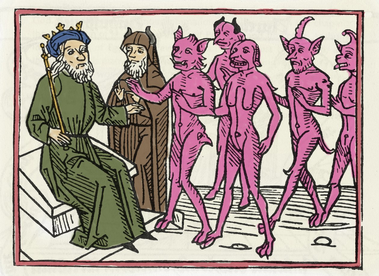 O julgamento do Belial: "O demônio Belial acompanhado por outros quatro demônios está presente ao Juiz Salomão" "Gravura do "Julgamento Belial" de Jacobus de Teramo (ou Palladino), Ausburgo de Unknown artist