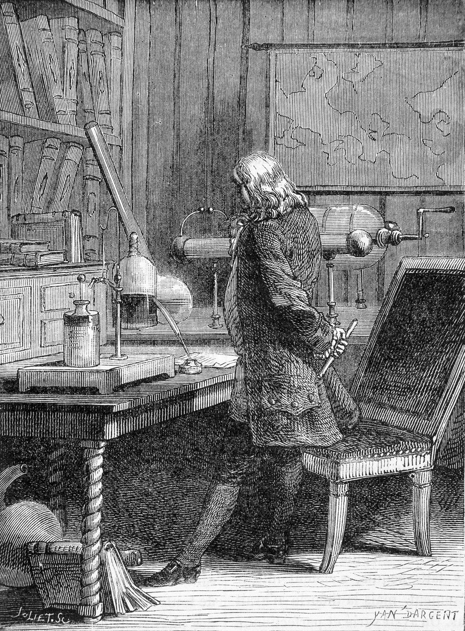 Benjamin Franklin, político e físico americano (1706-1790) em seu laboratório de física na Filadélfia - gravura de Unknown artist