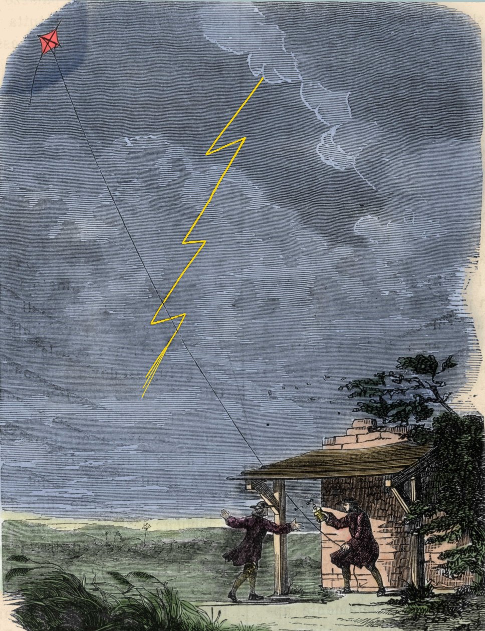 Benjamin Franklin, filósofo, físico e embaixador americano, fazendo experiências com seu pára-raios montado sobre um papagaio. Setembro de 1752. de Unknown artist