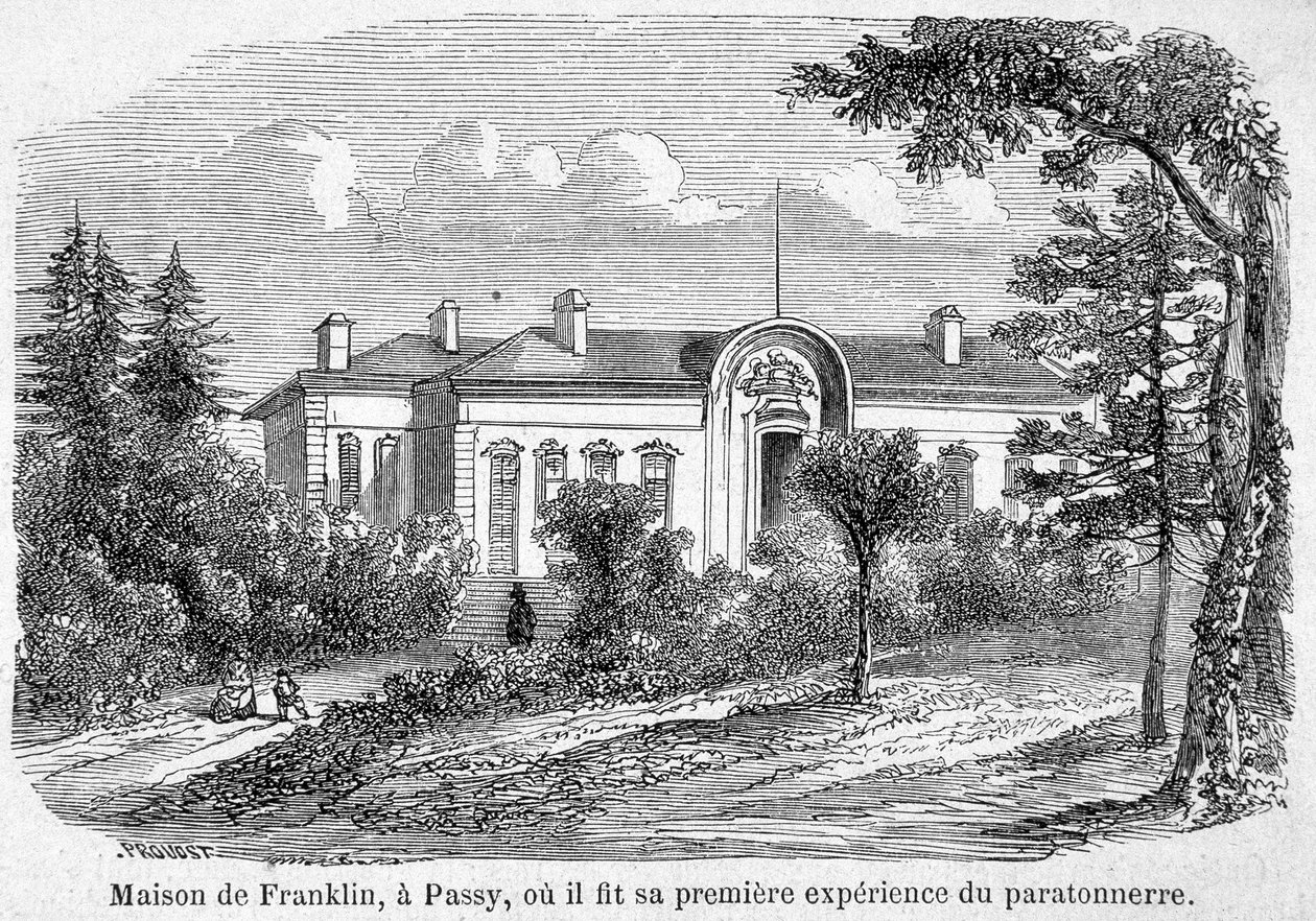 Casa de Benjamin Franklin em Passy, onde fez a sua primeira experiência de pára-raios - gravura de Unknown artist