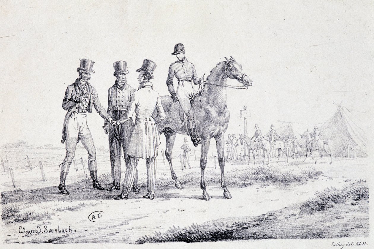 Aposta na borda do campo de provas com um jóquei a cavalo - litografia, deb. Século XIX de Unknown artist