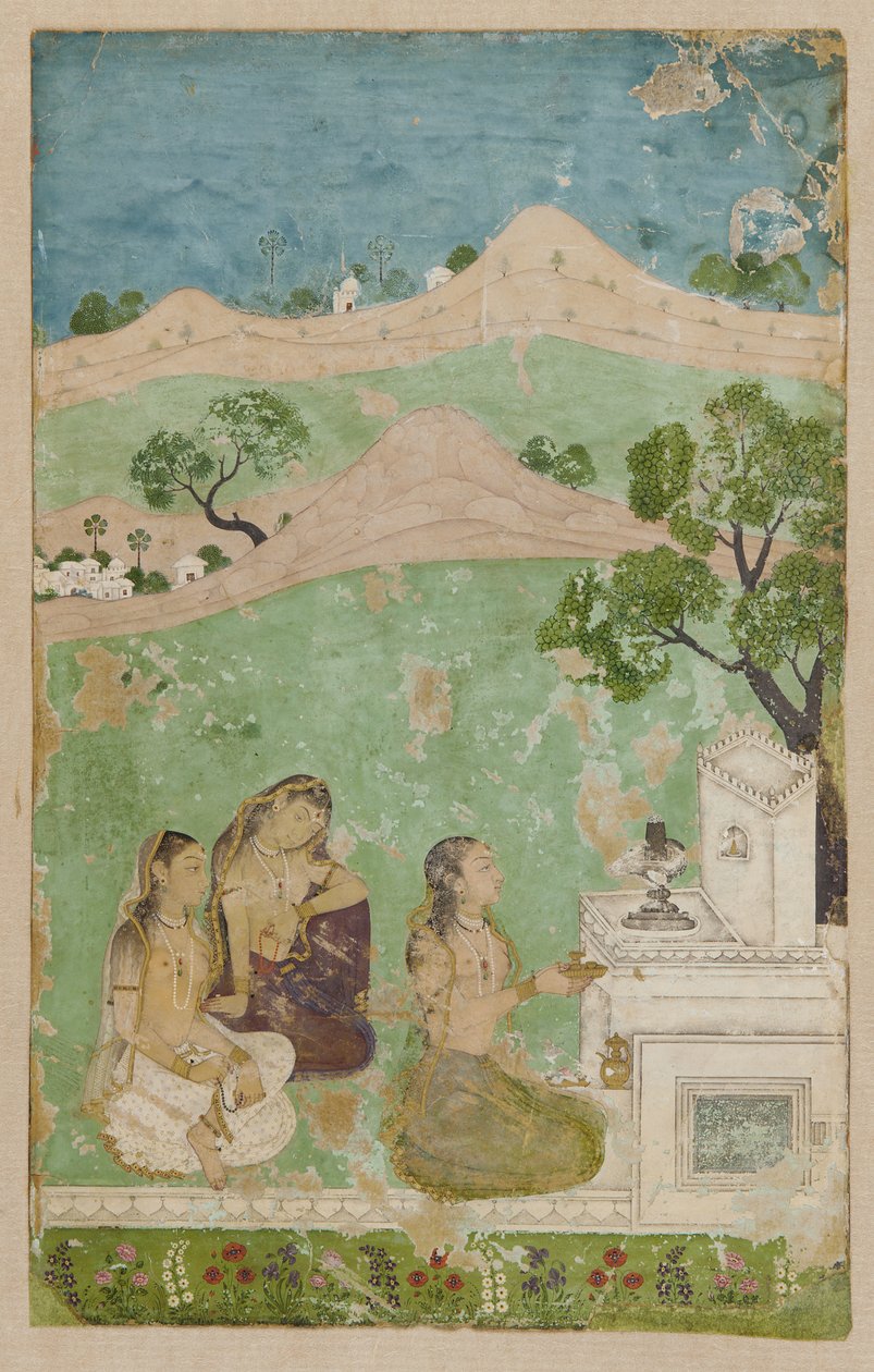 Bhairavi Ragini (um modo musical): três figuras diante de um santuário de Unknown artist