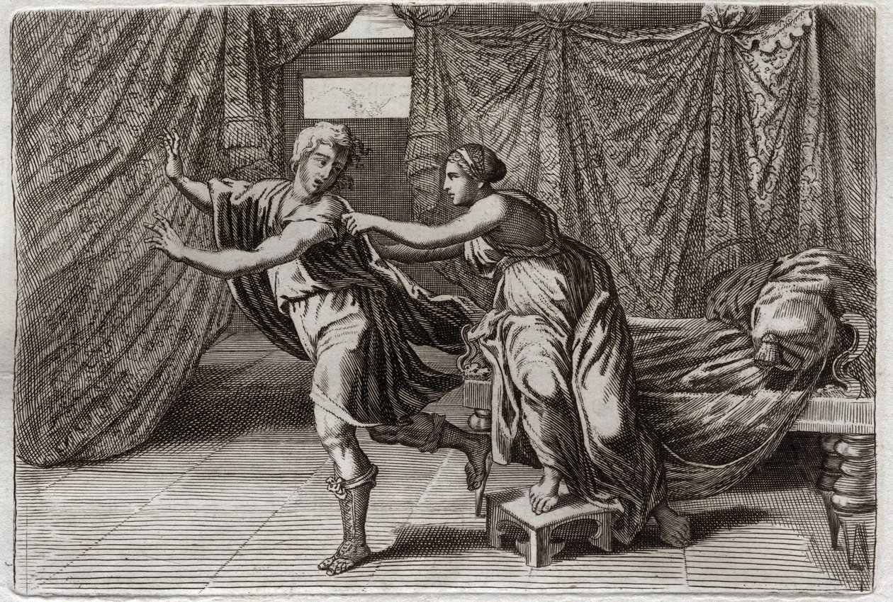 Bíblia de Royaumont, Velho Testamento: Chastete de José. José foi solicitado pela esposa de Putiphar (Potiphar), e colocado na prisão. Ilustração de 1811. de Unknown artist