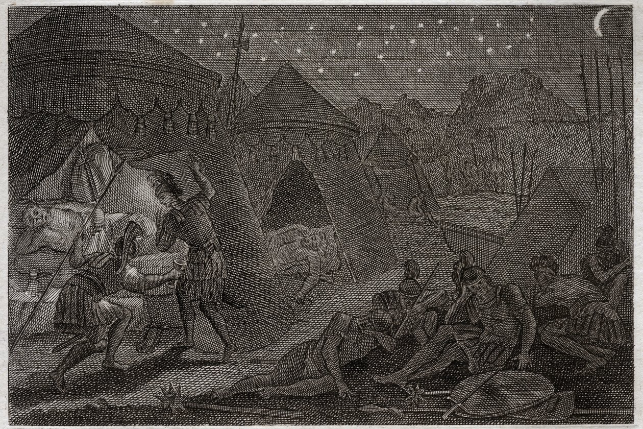 Bíblia de Royaumont, Velho Testamento: David salva Saul. Davi tem Saul em suas mãos, mas ele não o machuca. Ele só pega na lança e no seu copo. Ilustração de 1811. de Unknown artist