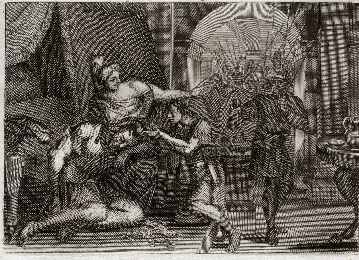 Bíblia de Royaumont, Velho Testamento: Morte de Sansão. Sansão descobre Dalila que sua força estava em seu cabelo. Ela corta-lhe o cabelo e traz os soldados filisteus para a sala. Ilustração de 1811. de Unknown artist