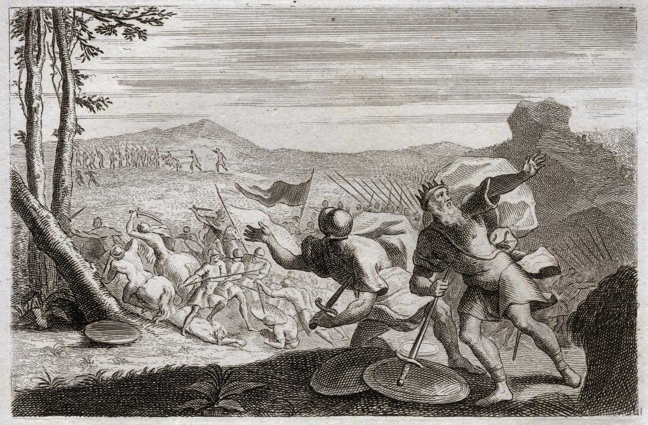 Bíblia de Royaumont, Velho Testamento: A derrota de Saul. O exército de Saul foi derrotado pelos filisteus. Seus três filhos foram mortos lá, e tendo sido gravemente ferido em batalha, ele se matou. Ilustração de 1811. de Unknown artist